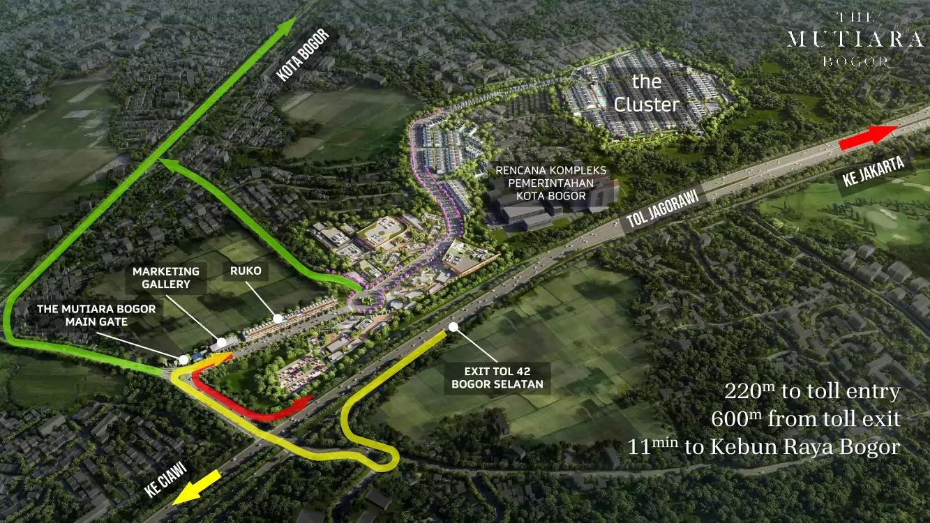 peta lokasi mutiara bogor yang berdekatan dengan tol jagorawi hanya 600 meter dari exit tol 42 bogor selatan.